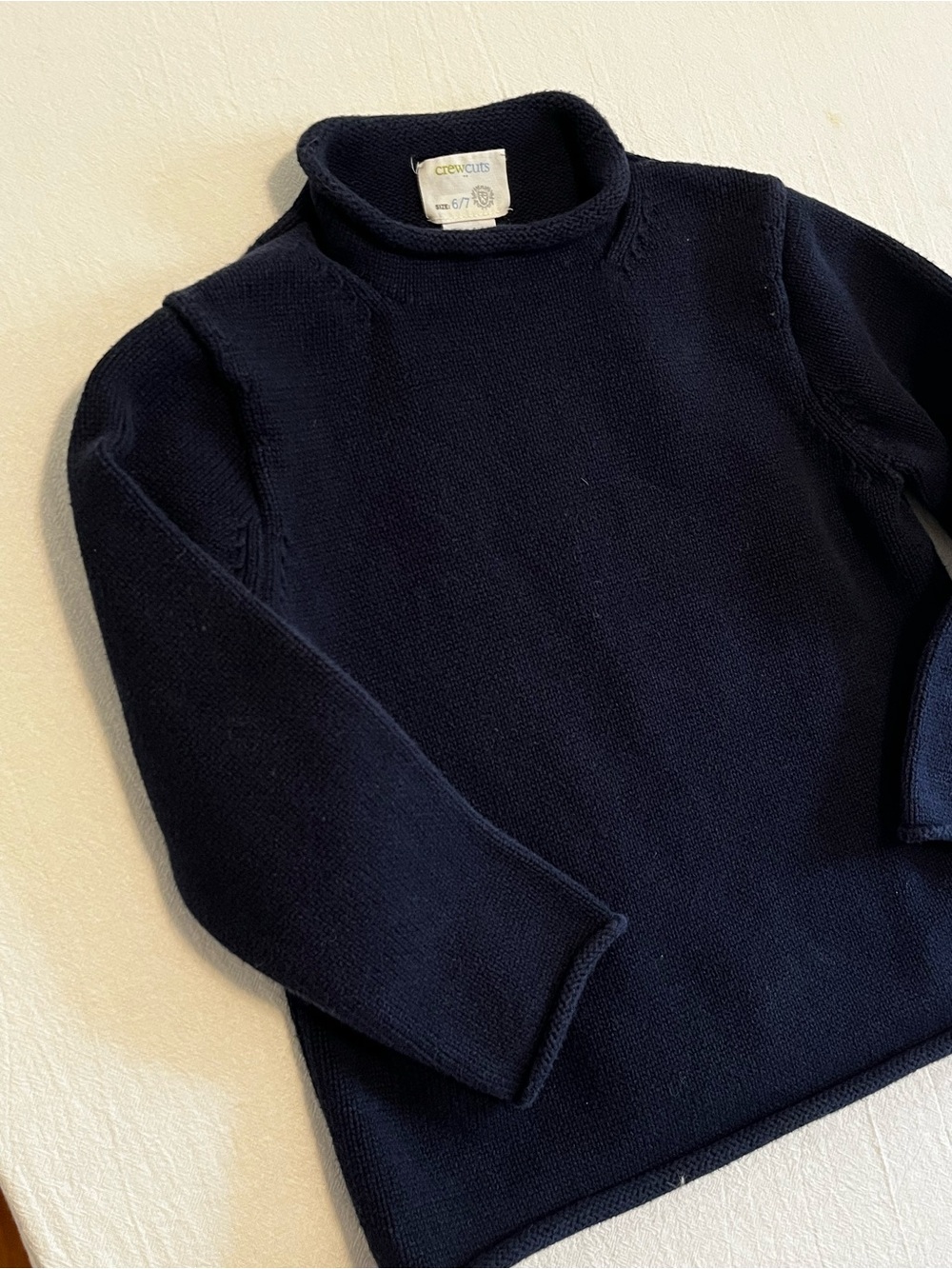 Crewcuts Kids 6/7 Navy Roll Hem Sweater Cotton Knit Preppy Mock Neck Pullover